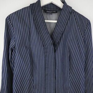 Jones New York Women Shirt Small Navy Blue Striped Ruffle Collar Button Down NEW